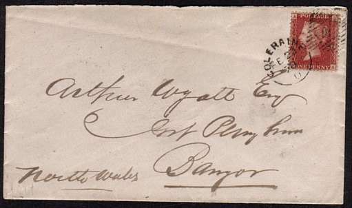 view larger front view of image for 1d Red from Plate 196 lettered 'S-A' on a small envelope cancelled with a COLERAINE (Ireland) duplex dated FE 23 78 to BANGOR - NORTH WALES. Ususual destination from Ireland