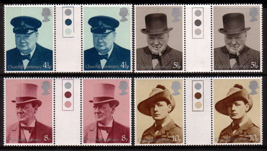 view larger back view image for Churchill Centenary set of four<br/>
in unfolded''traffic light'' gutter pairs superb unmounted mint