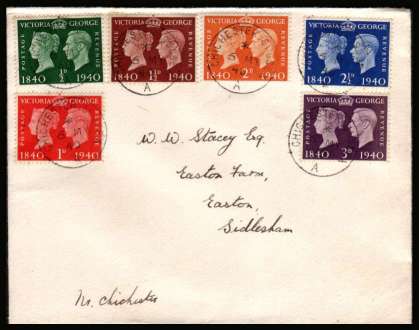 view larger back view image for Centenary of First Postage Stamp set of six  on a crisp neatly addressed FDC each stamp cancelled with a crisp CHICHESTER - SUSSEX steel CDS dated 6 MY 40. Nice cover.