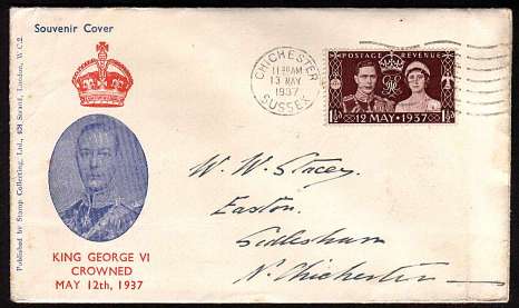 view larger back view image for Coronation single on two colour hand addressed illustrated FDC clearly cancelled with a CHICHESTER wavy line cancel dated 13 MAY 1937
