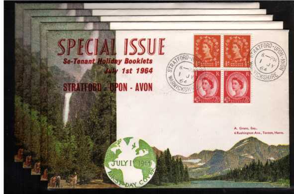 view larger back view image for Wilding - The HOLIDAY STAMP BOOKLET pane on a set of five colour illustrated FDC's dated 1 JY 64 for Bournemouth, Rye, Salisbury, Stratford-upon-Avon and Winchester. A very pretty set.