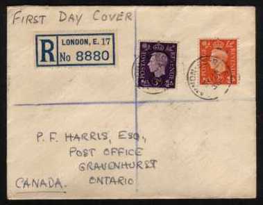 view larger back view image for The 3d Orange and 3d Violet on a registered FDC to CANADA cancelled with a steel CANNON ST CDS clearly dated 31 JA 38 Clean and fresh.