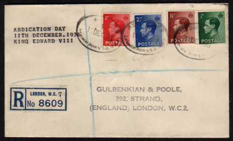 view larger back view image for King Edward 8th ADBICATION DAY (11th December 1936)
 cover. A well know cover produced by GULBENKIAN & POOLE stamp dealers. As always the cancel is somewhat indistinct but genuine.