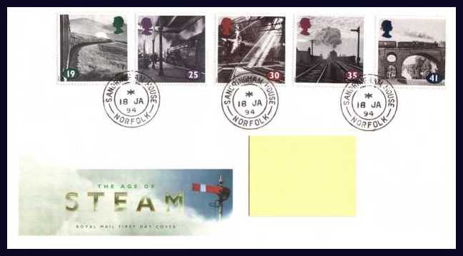 view larger back view image for 'The Age of Steam' set of five on an addressed Royal Mail FDC cancelled with three double ring Royal Household CDS's reading SANDRINGHAM HOUSE - NORFOLK 18 JA 94. Addressee's name covered on scan only. Very scarce Royal cancel.