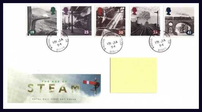 view larger back view image for 'The Age of Steam' set of five on an addressed Royal Mail FDC cancelled with three steel Royal Household CDS's reading WINDSOR CASTLE  - WINDSOR 18 JA 94. Addressee's name covered on scan only. Scarce and attractive.