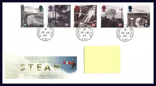view larger back view image for 'The Age of Steam' set of five on an addressed Royal Mail FDC cancelled with three Royal Household steel CDS's reading BUCKINGHAM PALACE 18 JA 94. Addressee's name covered on scan only. Scarce and attractive.