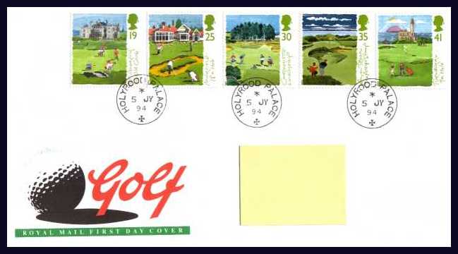 view larger back view image for Scottish Golf Courses set of five on an addressed Royal Mail FDC cancelled with three Royal Household steel CDS's reading HOLYROOD PALACE 5 JY 94. Addressee's name covered on scan only.  MUIRFIELD is less than 15 miles from HOLYROOD Scarce!