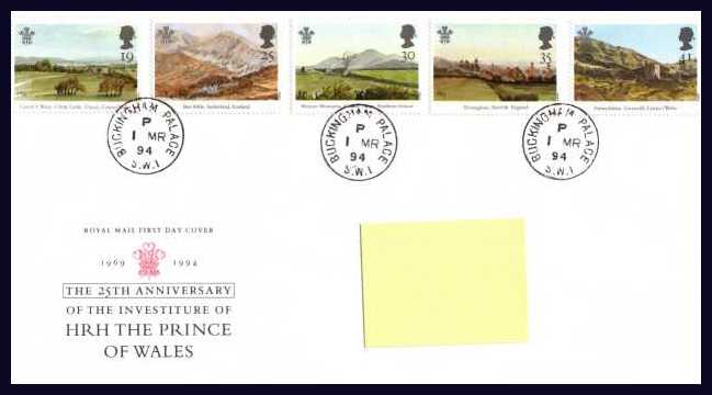 view larger back view image for 25th Anniversary of Investiture of Prince of Wales set of five on an addressed Royal Mail FDC cancelled with three steel Royal Household CDS's reading BUCKINGHAM PALACE 1 MR 94. Addressee's name covered on scan only. Scarce and attractive.  	