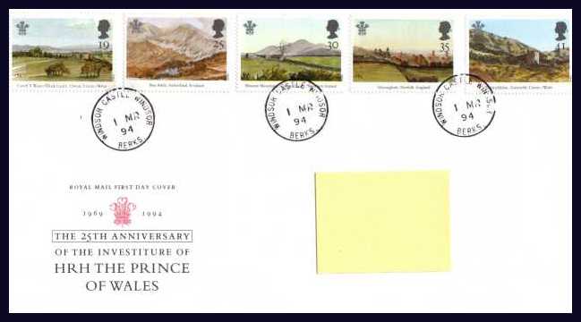 view larger back view image for 25th Anniversary of Investiture of Prince of Wales set of five on an addressed Royal Mail FDC cancelled with three steel Royal Household CDS's reading WINDSOR CASTLE - WINDSOR 1 MR 94. Addressee's name covered on scan only. Scarce and attractive.  	