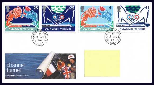 view larger back view image for Opening of the Channel Tunnel set of four on an addressed Royal Mail FDC cancelled with two steel Royal Household CDS's reading BUCKINGHAM PALACE 3 MY 94. Addressee's name covered on scan only. Scarce and attractive.  	