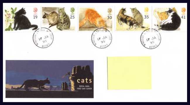 view larger back view image for Cats set of five on an addressed Royal Mail FDC cancelled with three steel Royal Household CDS's reading WINDSOR CASTLE - WINDSOR 17 JA 95. Addressee's name covered on scan only. Scarce and attractive.  	