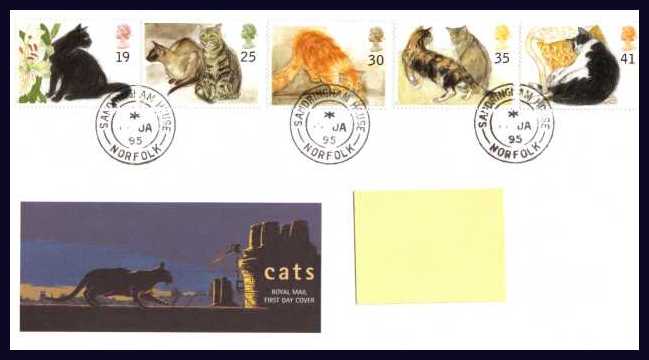 view larger back view image for Cats set of five on an addressed Royal Mail FDC cancelled with three steel Royal Household CDS's reading  SANDRINGHAM HOUSE - NORFOLK 17 JA 95. Addressee's name covered on scan only. A very scarce and attractive cancel.  	