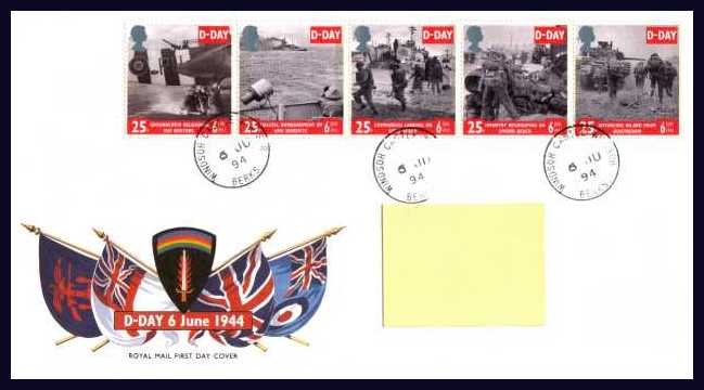view larger back view image for 50th Anniversary of D-Day set of five on an addressed Royal Mail FDC cancelled with three steel Royal Household CDS's reading WINDSOR CASTLE - WINDSOR 6 JUN 94 Addressee's name covered on scan only. Scarce and attractive.  	