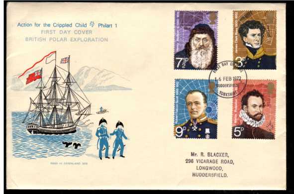 view larger back view image for British Polar Explorers set of four  on a 'CRIPPLED CHILD PHILART number 1'  FDC cancelled First Day of Issue HUDDERSFIELD YORKSHIRE