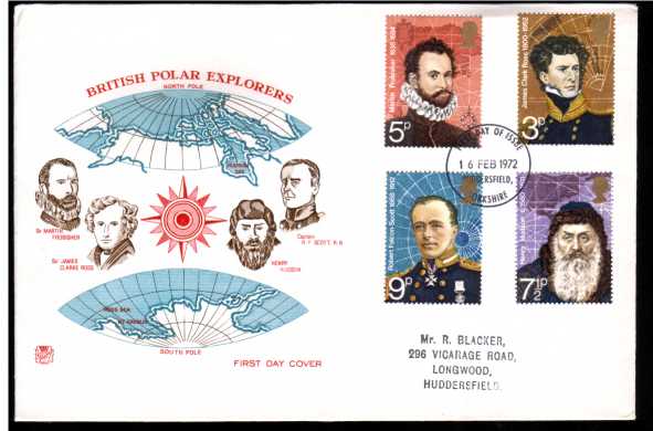 view larger back view image for British Polar Explorers set of four  on a 'Stuart'  FDC cancelled First Day of Issue HUDDERSFIELD YORKSHIRE