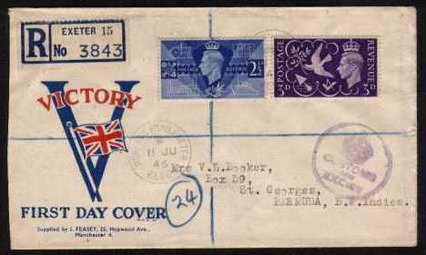 view larger back view image for Victory set of two on an illustrated colour FDC to BERMUDA cancelled with an EXETER CDS dated 11 JU 46 also additionally cancelled clear of the stamps.