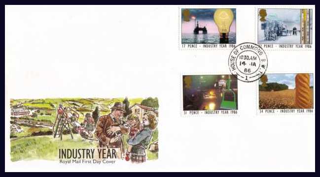 view larger back view image for Industry Year set of four on a Post Office FDC cancelled with a double ring CDS for HOUSE OF COMMONS dated 14 JA 86