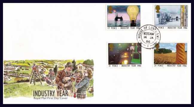 view larger back view image for Industry Year set of four on a Post Office FDC cancelled with a double ring CDS for HOUSE OF LORDS dated 14 JA 86