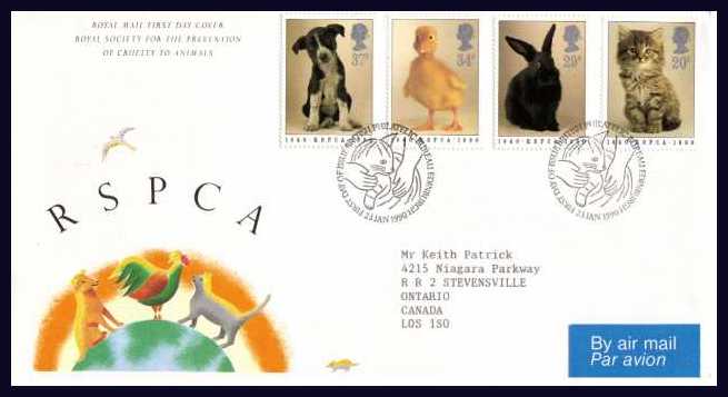 view larger back view image for 150th Anniversary of Royal Society for Prevention of Cruelty to Animals (RSPCA) on addressed illustrated FDC cancelled with a BUREAU FDI dated 23 JAN 1990