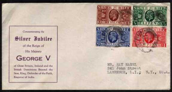 view larger back view image for Silver Jubilee set of four on an ILLUSTRATED FDC each stamp cancelled by a double ring CDS with a readable date on three of the four cancels! To be accurate the �d Green is lightly scuffed to right. A very scare illustrated cover.