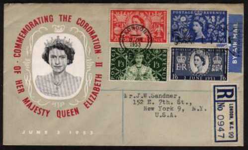 view larger back view image for Coronation set of four on a small Registered FDC to NEW YORK cancelled with a LONDON LONG LIVE THE QUEEN slogan. Note the cover has a Blue-Grey colour except for the unprinted area around the Queen's head.