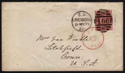 view larger front view of image for 3d Rose from Plate 5 lettered 'K-A' on complete envelope to LITCHFIELD, CONN, USA cancelled with a very firm LIVERPOOL S. D. (South District??) duplex dated 9 MY 71