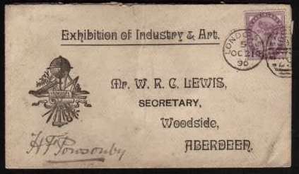 view larger front view of image for 1d Lilac on a printed envelope 'Exhibition of Industry & Art' addressed to the Secretary. Letter from the Sir Henry Ponsonby (Private secretary to the Queen) PRIVY PURSE OFFICE regrets Queen cannot help. The Exhibition never took place. Extremely rare.