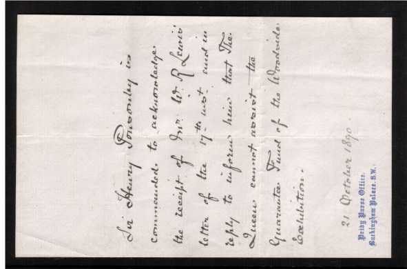 view larger back view of image for 1d Lilac on a printed envelope 'Exhibition of Industry & Art' addressed to the Secretary. Letter from the Sir Henry Ponsonby (Private secretary to the Queen) PRIVY PURSE OFFICE regrets Queen cannot help. The Exhibition never took place. Extremely rare.