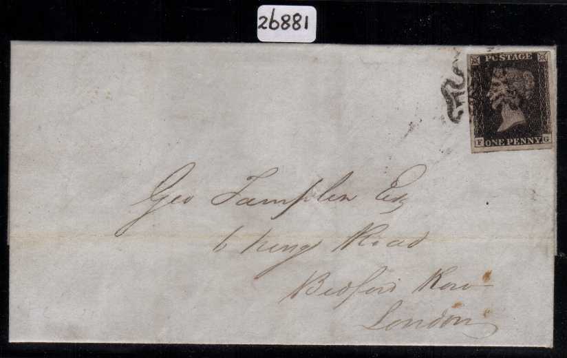 view larger front view of image for 1d Black from Plate 11 lettered 'F-G' on an entire from BRIGHTON to BEDFORD ROW in LONDON cancelled with a light, Black Maltese Cross. With the benefit of a BRANDON certificate. A most attractive rare cover. SG Cat £15,000
