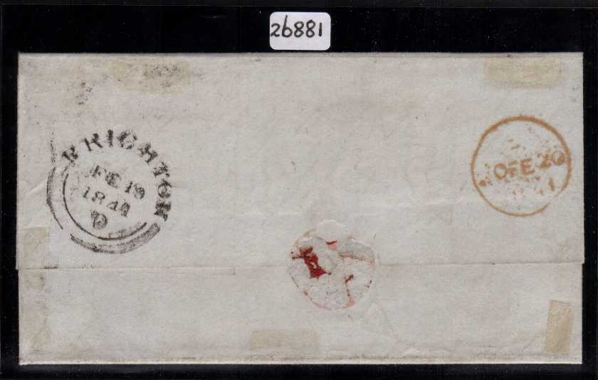 view larger back view of image for 1d Black from Plate 11 lettered 'F-G' on an entire from BRIGHTON to BEDFORD ROW in LONDON cancelled with a light, Black Maltese Cross. With the benefit of a BRANDON certificate. A most attractive rare cover. SG Cat £15,000
