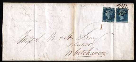 view larger front view of image for 2d Deep Full Blue. Two singles from Plate 3 lettered 'O-F' and 'N-G', one four margins the othe three on a large entire LONDON to WHITEHAVEN