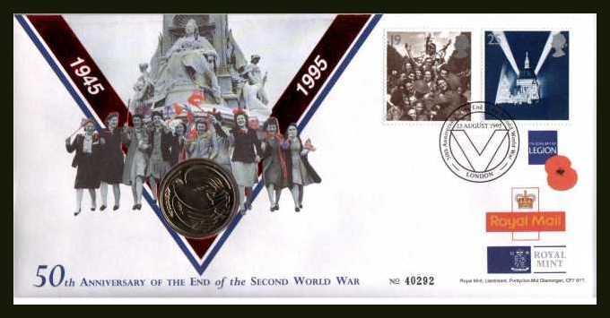view larger image for SG 1873 (1995) - 50th Anniversary of the End of World War II with �2 Coin. Royal Mail/Royal Mint limited edition numbered cover.
