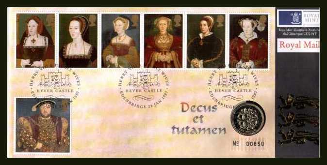 view larger image for SG 1965-1971 (1997) - King Henry VIII and his Wives on a Royal Mail/Royal Mint numbered cover with �1 coin
