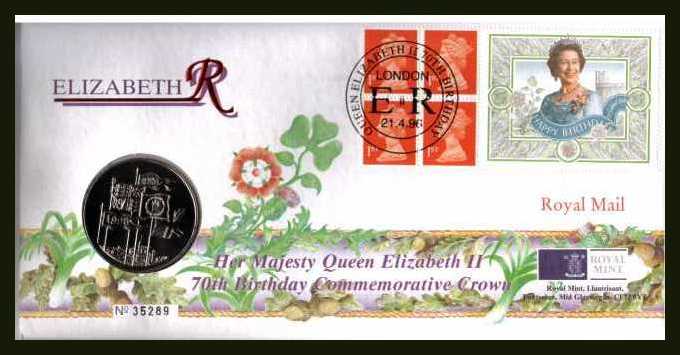 view larger image for SG 1671La (1996) - 70th Birthday of The Queen special booklet pane on a Royal Mail / Royal Mint coin cover containing a British �5 coin