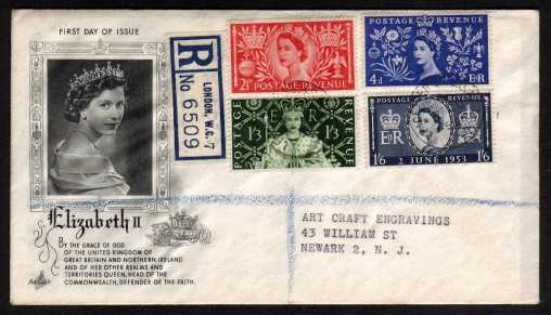 view larger back view image for Coronation set of four on small ARTCRAFT FDC cancelled with two LONDON R.L.O. (Railway Letter Office) CDS's dated 3 JUN 1953. Ironically addressed to the cover producers ARTCRAFT in USA who are still in business to this day!