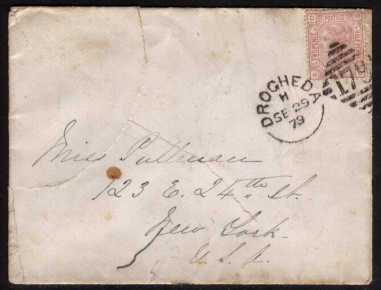 view larger front view of image for 2½d Rosy Mauve from Plate 13 lettered 'H-D' on a small complete but torn envelope cancelled DROGHEDA - Ireland dated SE 29 79 to NEW YORK SG Cat £80