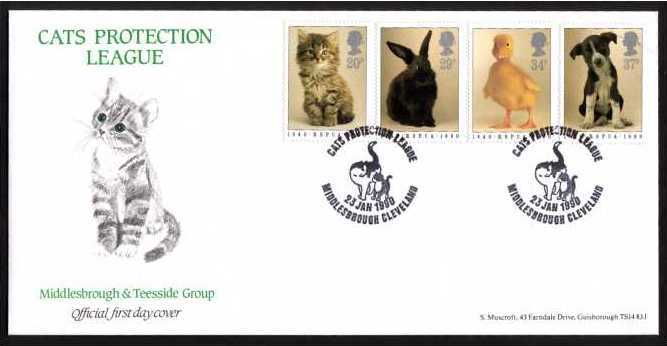 view larger back view image for 150th Anniversary of Royal Society for Prevention of Cruelty to Animals (RSPCA) on a printed addressed OFFICIAL Cats Protection League illustrated FDC cancelled with a CATS PROTECTION LEAGUE illustrated cancel dated 23 JAN 1990