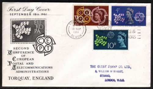 view larger back view image for CEPT Conference, Torquay of three on illustrated and addressed FDC cancelled with the official TORQUAY slogan cancel.