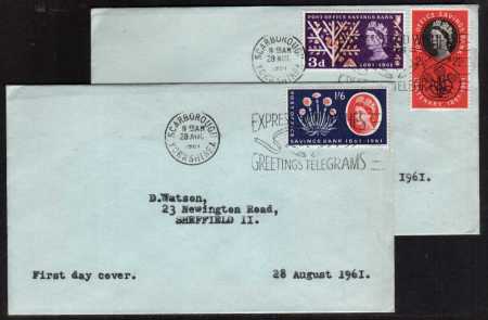 view larger back view image for Post Office Savings Bank set of three on two plain matched covers with typed address both covers cancelled with the rare 'EXPRESS GOOD WISHES - GREETINGS TELEGRAMS' slogan.