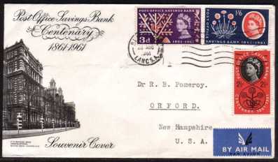 view larger back view image for Post Office Savings Bank set of three on illustrated FDC cancelled with a BLACKPOOL - LANCS wavy line on neatly typed cover to USA.