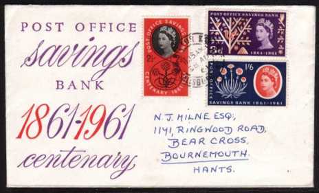 view larger back view image for Post Office Savings Bank set of three on illustrated FDC cancelled with a double ring CDS with neatly typed address