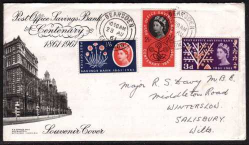 view larger back view image for Post Office Savings Bank set of three on illustrated FDC cancelled with two BEARDEN - GLASGOW double ring CDS's on hand addressed cover.