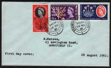 view larger back view image for Post Office Savings Bank set of three on a plain typed address cover cancelled with two crisp SCARBOROUGH double ring CDS's