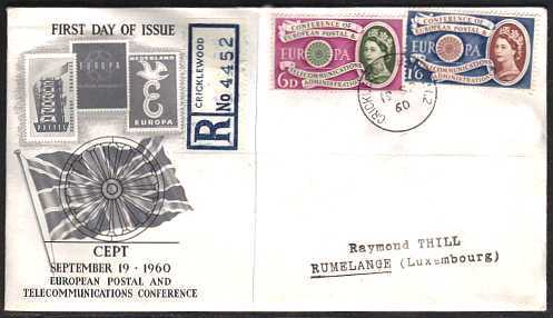 view larger back view image for EUROPA set of two on an illustrated, Registered  FDC cancelled with a single steel CDS from CRICKLEWOOD W2 to Luxembourg.