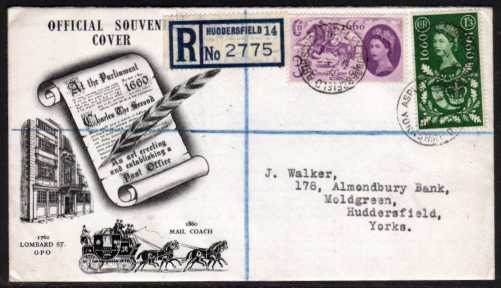 view larger back view image for General Letter Office set of two on illustrated Registered FDC cancelled with two steel HUDDERSFIELD CDS's