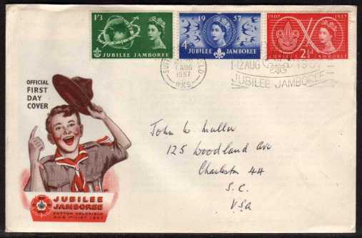 view larger back view image for World Scout Jubilee Jamboree set of three on illustrated FDC with handwritten address cancelled with the SUTTON COLDFIELD slogan cancel.