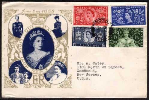 view larger back view image for Coronation set of four on illustrated FDC with cancelled with a single firm strike of the WINDSOR - BERKS double ring CDS. Very neat typed address to USA. A stunning cover, rare so fine.