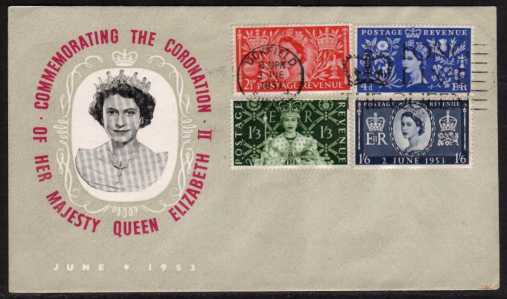 view larger back view image for Coronation set of four on UNADDRESSED illustrated FDC with cancelled with the 'LONG LIVE THE QUEEN' slogan from UCKFIELD - SUSSEX. Note the cover has a Blue-Grey colour except for the unprinted area around the Queen's head.