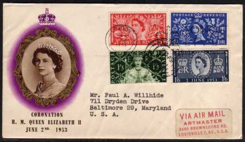 view larger back view image for Coronation set of four on illustrated FDC with cancelled with a LONDON 'LONG LIVE THE QUEEN' slogan and additional CDS on neat, typed cover to USA