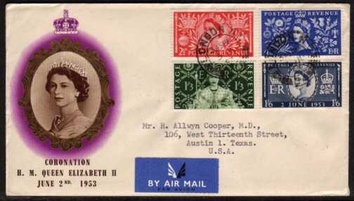 view larger back view image for Coronation set of four on illustrated FDC with cancelled with two LONDON CDS's with neat typed address to USA